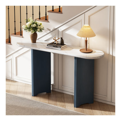 Console étroite, table de hall d'entrée avec plateau ovale en faux marbre, table de canapé rustique avec pieds incurvés, table d'appoint de couloir pour l'entrée et le salon (bleu marine et blanc)
