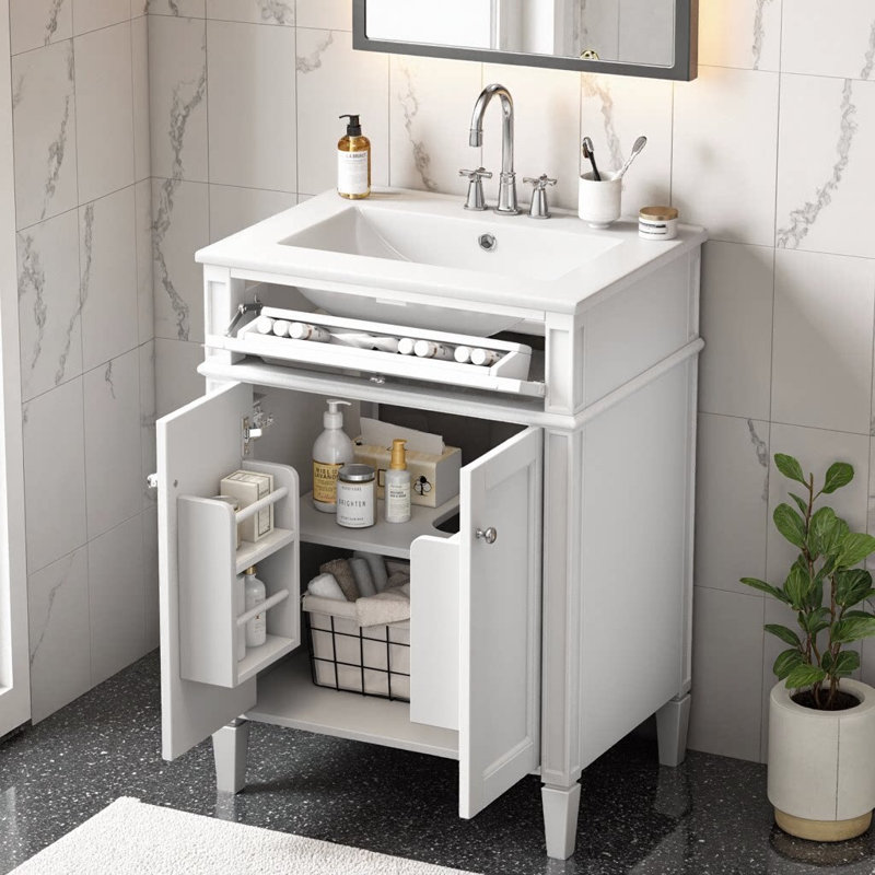 Meuble-lavabo moderne de 24 po avec lavabo en céramique - 2 portes à fermeture en douceur avec organisateurs et tiroir basculant, tablette réglable, armoire de rangement compacte pour petites salles de bain