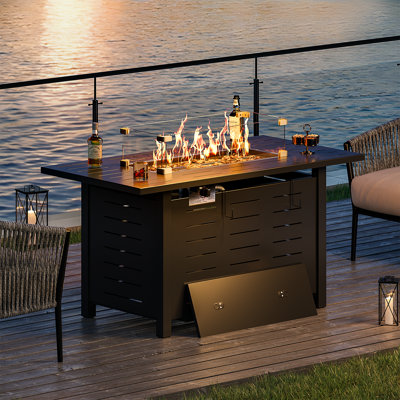 44 Inch Black Gas Fire Pit Table, Csa 48,000 Btu Propane Pits For Outside With Steel Lid, Glass Wind Guard And Lava Rock, 2 In 1 Firepit Table Gatheri