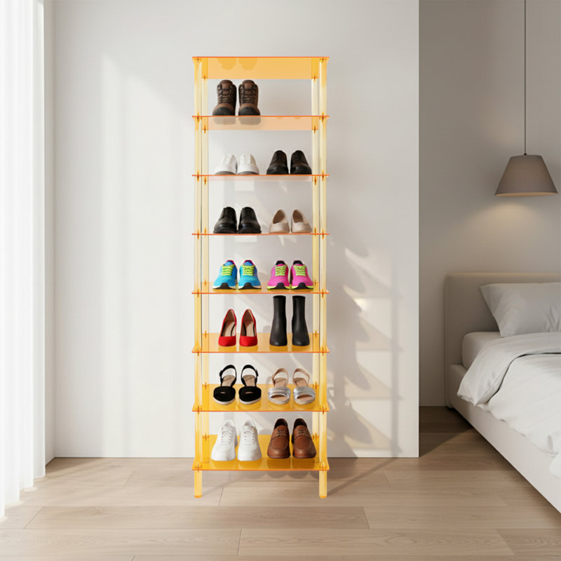 8 Tiers Tall Rectangular Acrylic Floorstanding Shoe Rack Shoe Storage Shelf For Entryway Orange Clear, Orange Clear