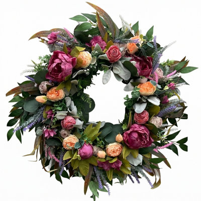 18 Inch Spring Wreaths for Front Door Decor, Spring Front Door Wreath with Pink&Purple Peony Rose Floral