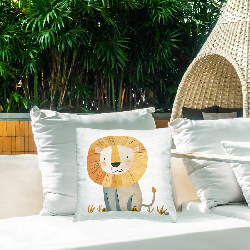 Coussin décoratif souriant à imprimé de lion fantaisiste par Roozbeh Bahramali
