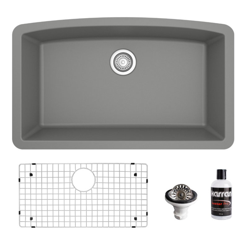 Ensemble d'évier de cuisine à simple cuve encastrable 32 po x 19 1/2 po Karran Quartz, Gris
