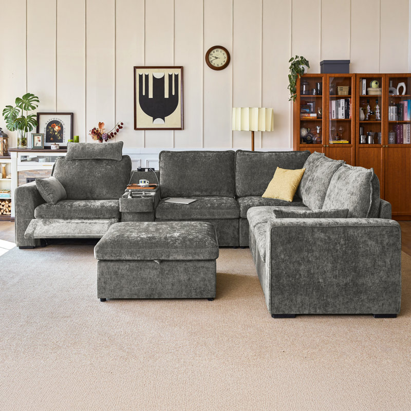 Canapé modulaire surdimensionné à 6 places avec rangement Olar, Gris chenille