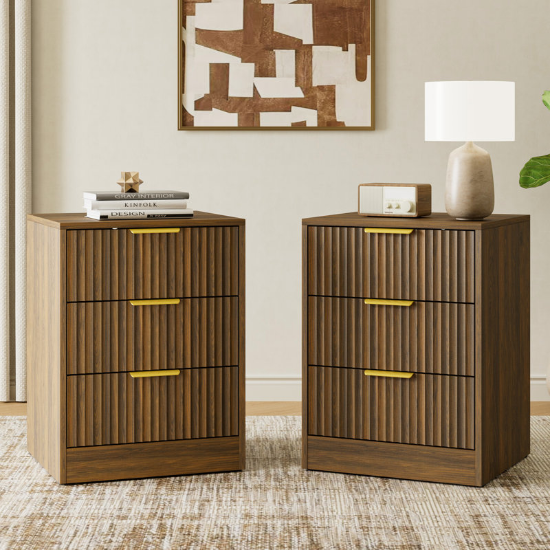 Fluted Nightstand With 3 Storage Drawers, Rustic Walnut, 3