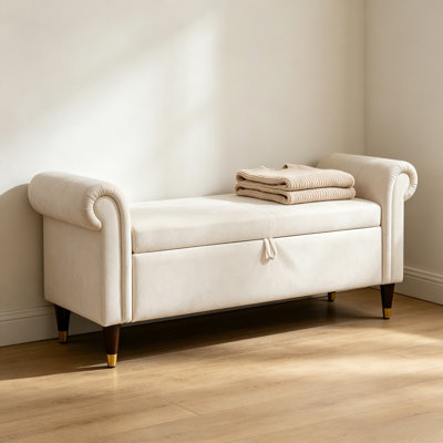 63.3" Wide White Fluffy Fabric Rolled Arm Lift Top Storage Bench for Bedroom Entryway