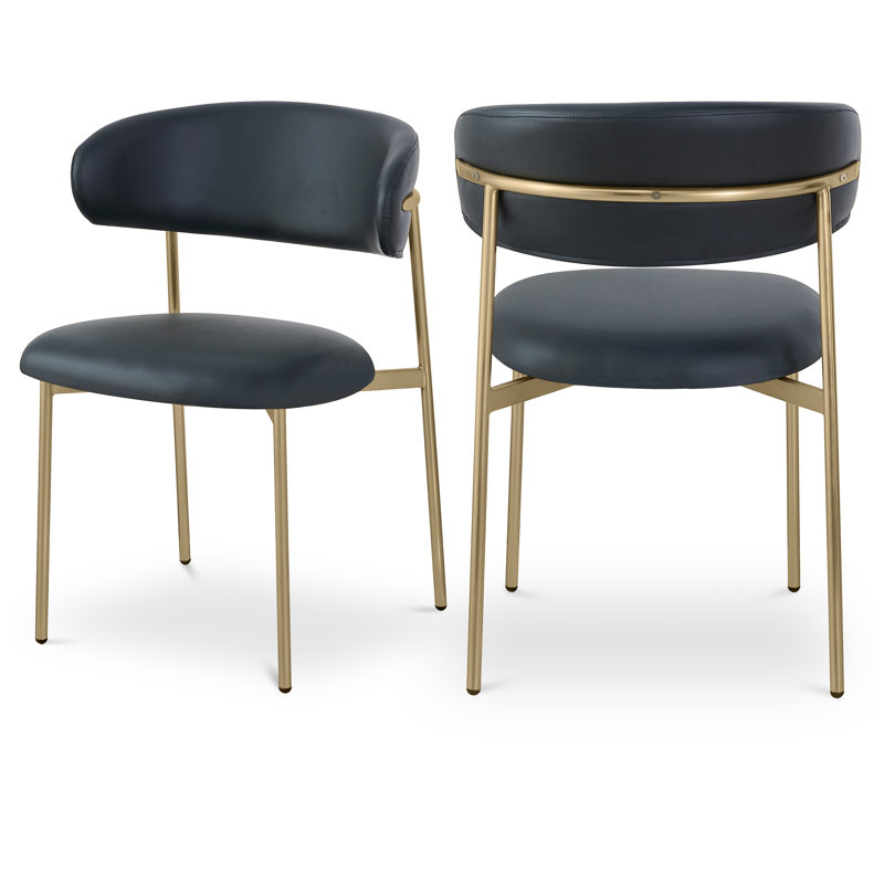 Chaise de salle à manger rembourrée Lupita, Cuir végétalien noir, Or brossé