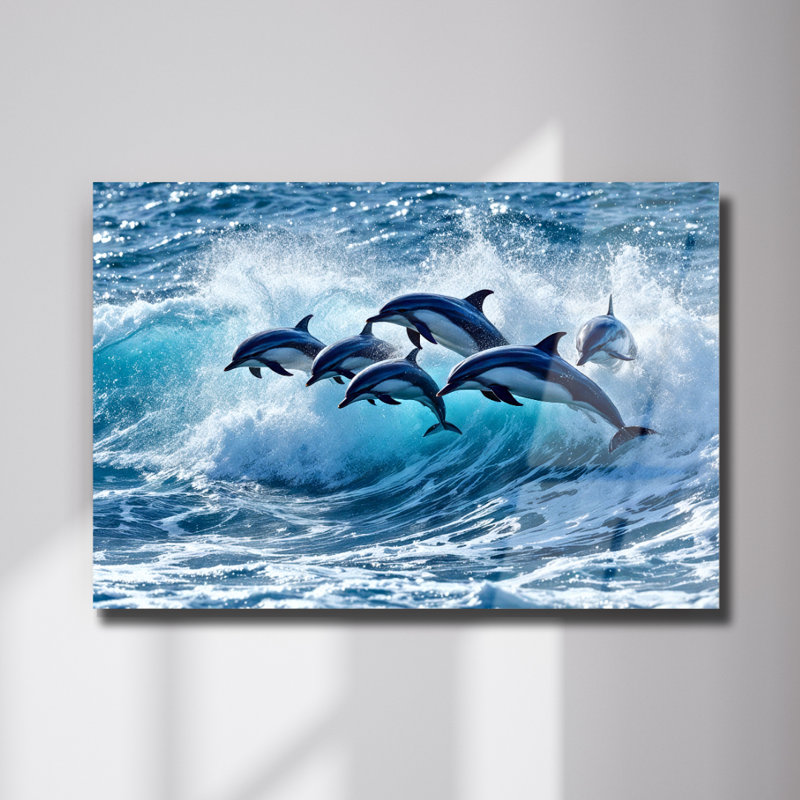Décoration murale dauphin en verre trempé, impression d'art moderne paysage sur verre, H 12 po x l 18 po