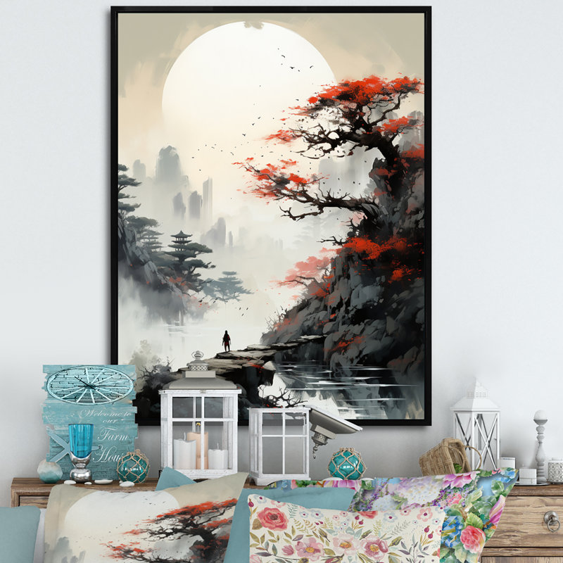«Asian Art Samurais Landscape III», reproduction d'art sur toile asiatique, H 32 po x l 16 po x P 1 po, Cadre flottant noir