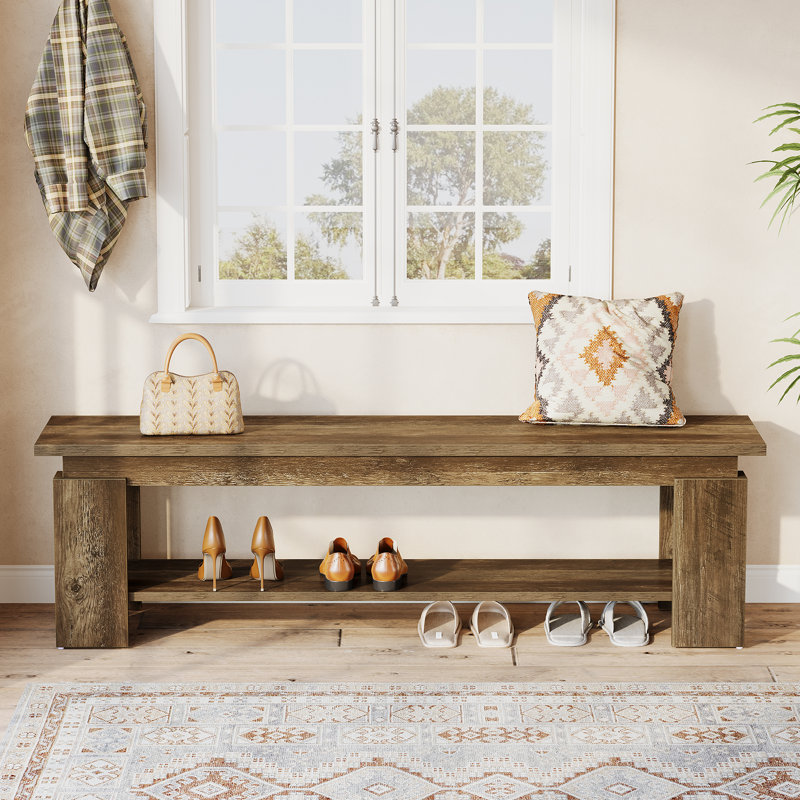 63" Long Bedroom Bench With Storage Shelf, Farmhouse End Of Bed Bench For King/queen Bed, Rustic Brown