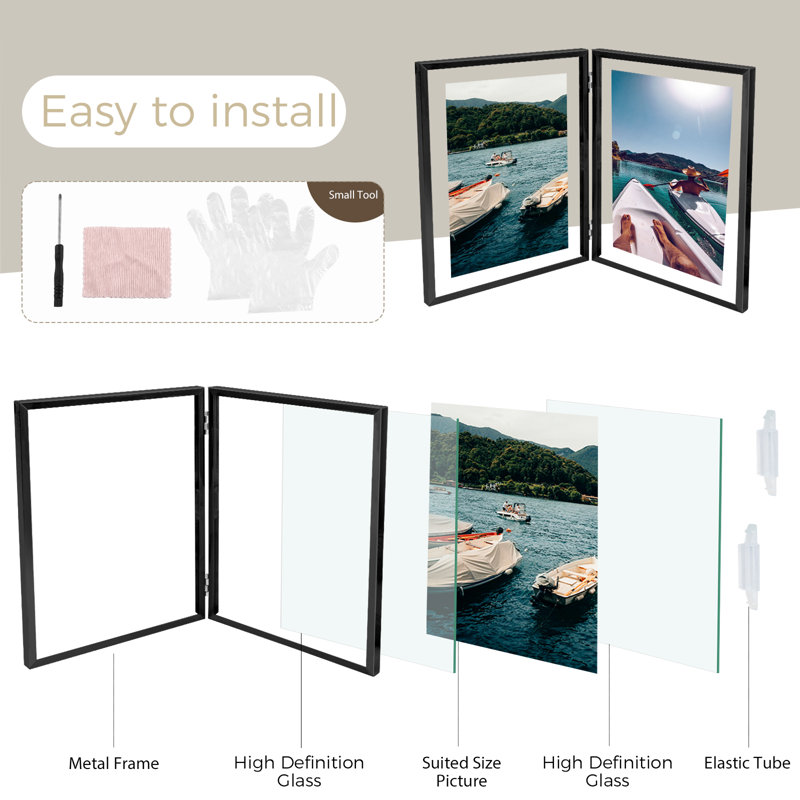 Hinged Floating Metal Frame with Real Glass, 8" x 10", Black