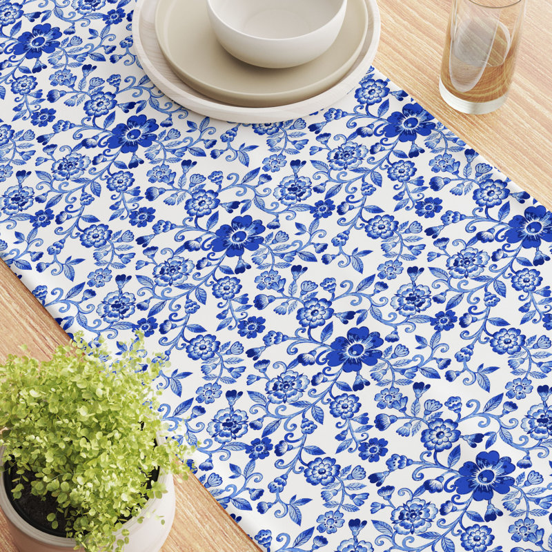 Table Runner, 100% Cotton, 16X108", Watercolor Flowers On Vines Blue, 108" L x 16" W
