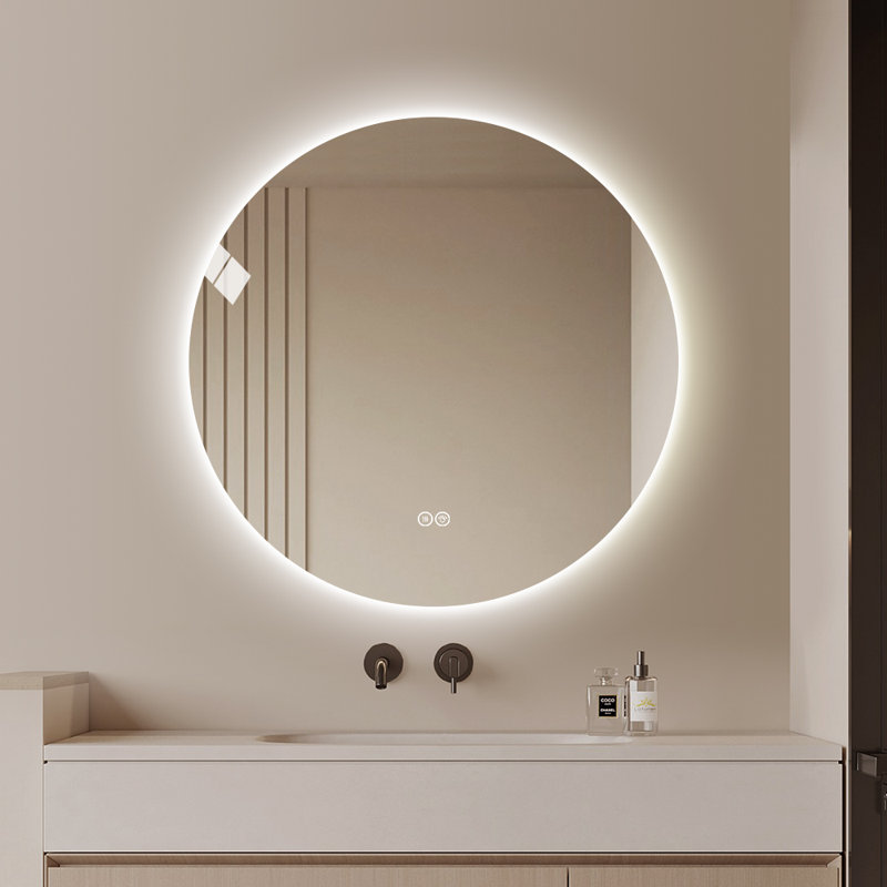 32" Round Frameless LED Bathroom Mirror, Dimmable Tri-Color Light, Anti-Fog, HD Shatterproof Glass