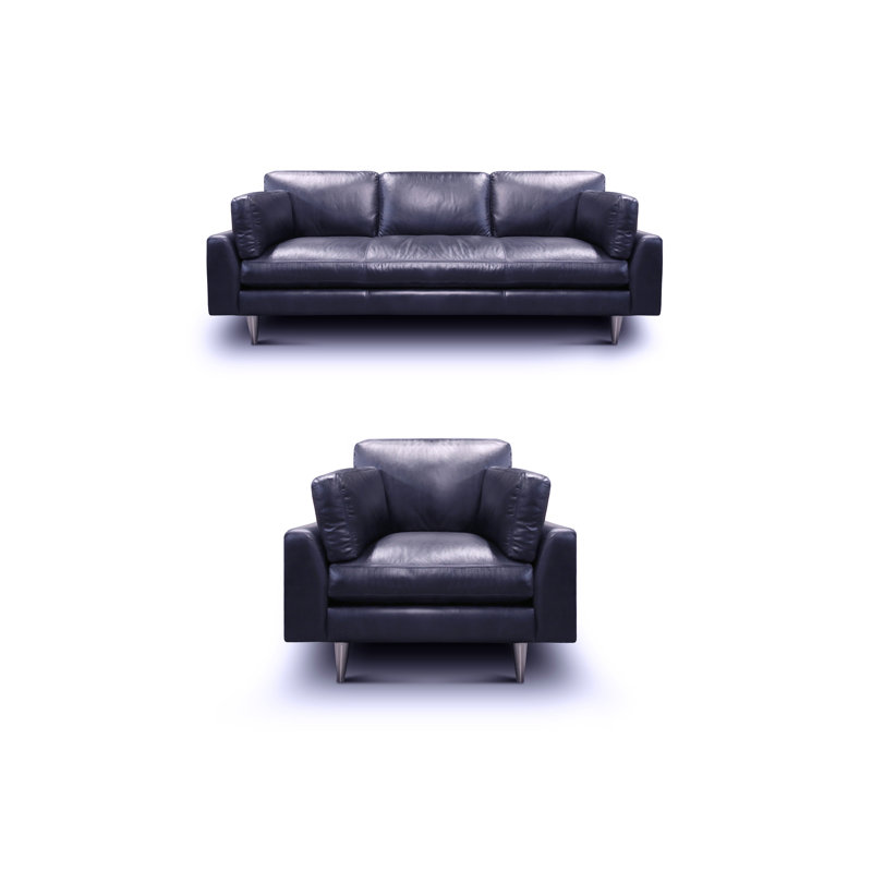 Ensemble de salon en cuir véritable 2 pièces Alcimon, Cuir véritable bleu