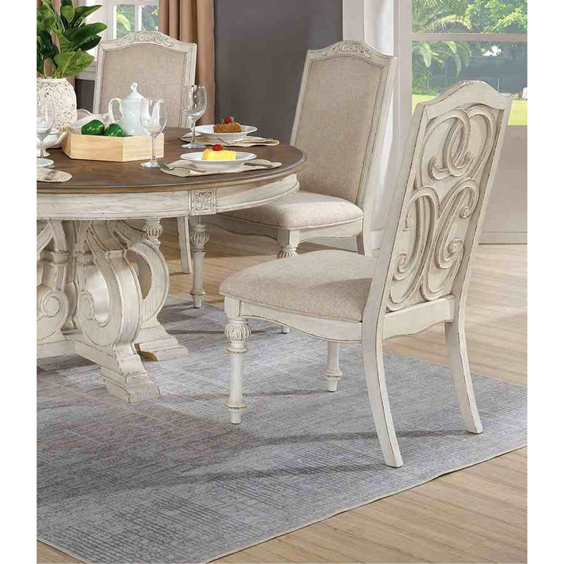 Table de salle à manger rustique 7 pièces, base à tréteaux, incrustation de bois complexe et table rectangulaire blanche antique à 6 sièges avec rallonge
