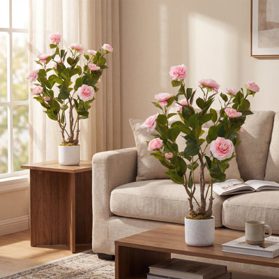 2.5FT Artificial Camellia Trees 2-Pack, Faux Pink Flower Plants in Weighted Planters for Home & Office Decor