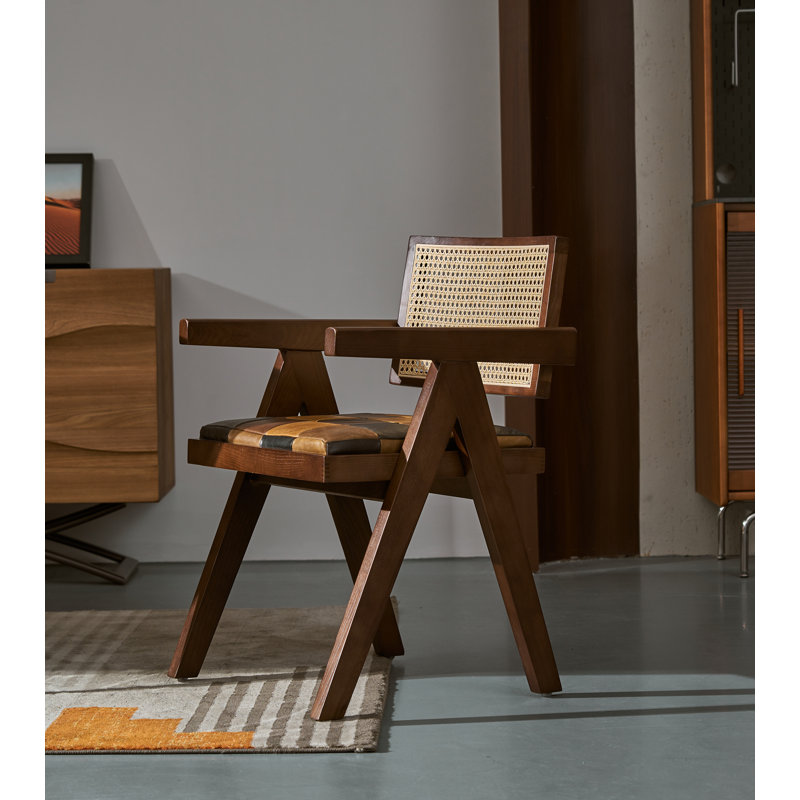 Chaise de salle à manger avec accoudoirs en cuir véritable Andren, Noyer rétro