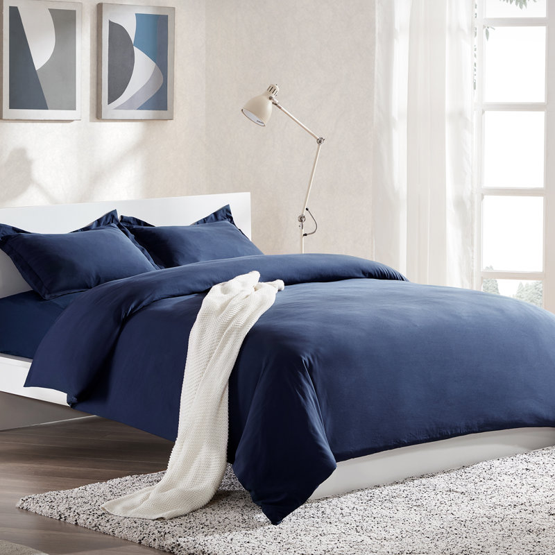 Solid Microfiber Duvet Cover Set - Simple Style Bedding Set For All Season, King Duvet Cover + 2 King Shams, Navy Blue