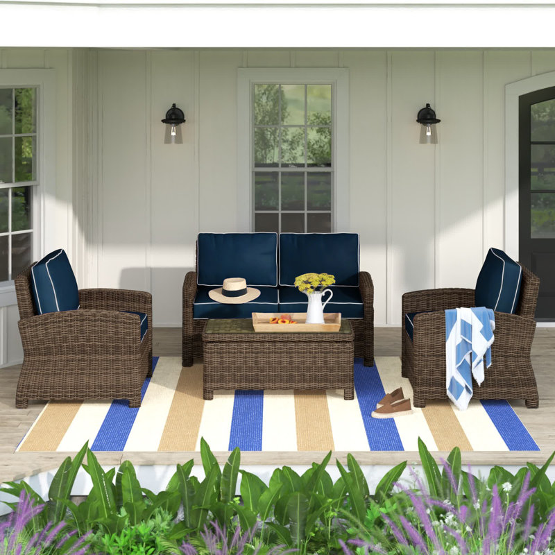 4 - Person Patio Conversation Set with Cushions, Navy, Brown
