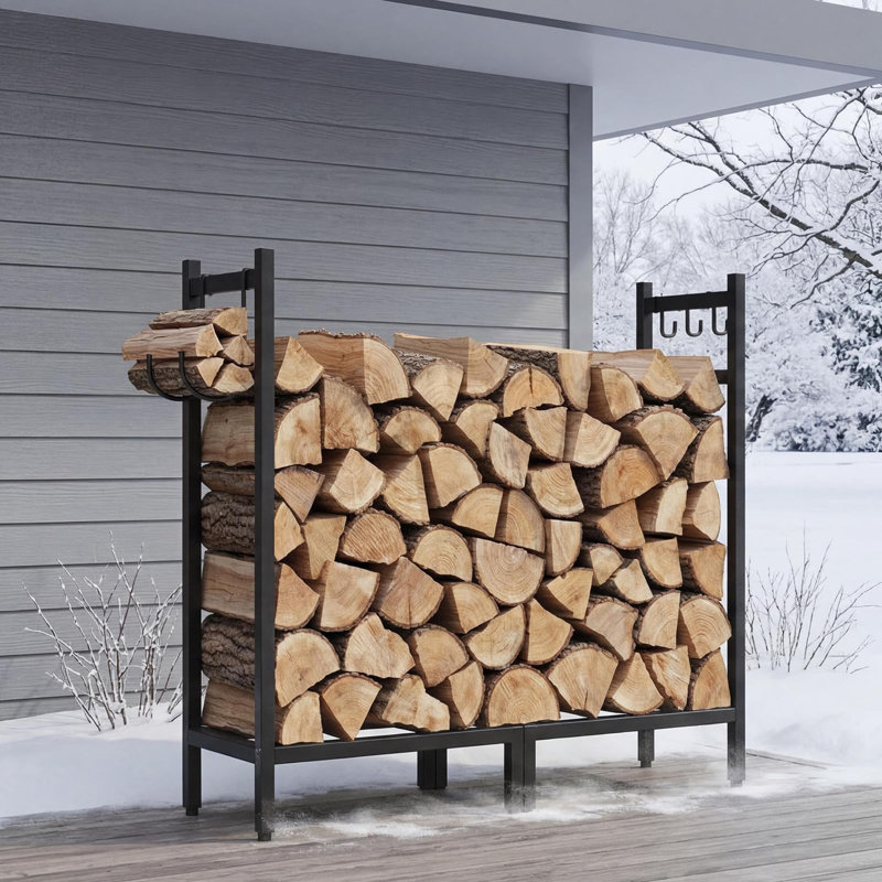 Support à bois de chauffage de 2,7 pi avec fourre-tout, support à bûches ajustable robuste, organisateur de rangement intérieur et extérieur pour foyer, patio, camping, noir
