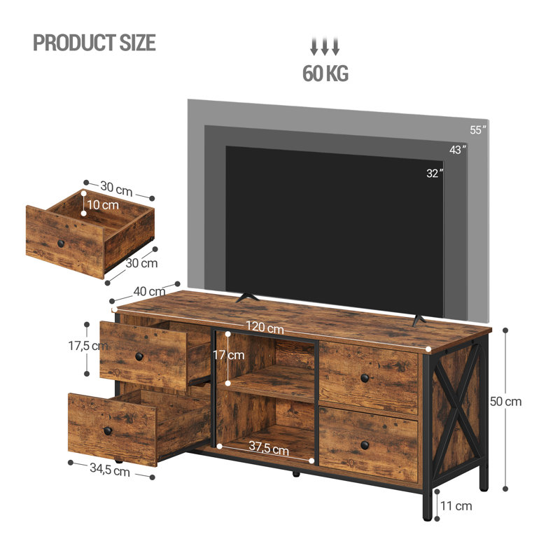 TV Stand Cabinet up to 55/65 Inch, TV Unit with 4 Drawers and 2 Open Shelves, TV Console Table for Living Room, Bedroom, Entertainment Room, Industrial, Rustic Brown