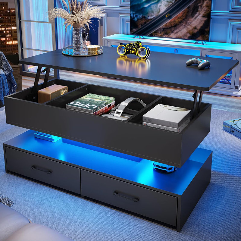 Black Metal Rectangular Lift-Top Coffee Table with Storage and LED Lights