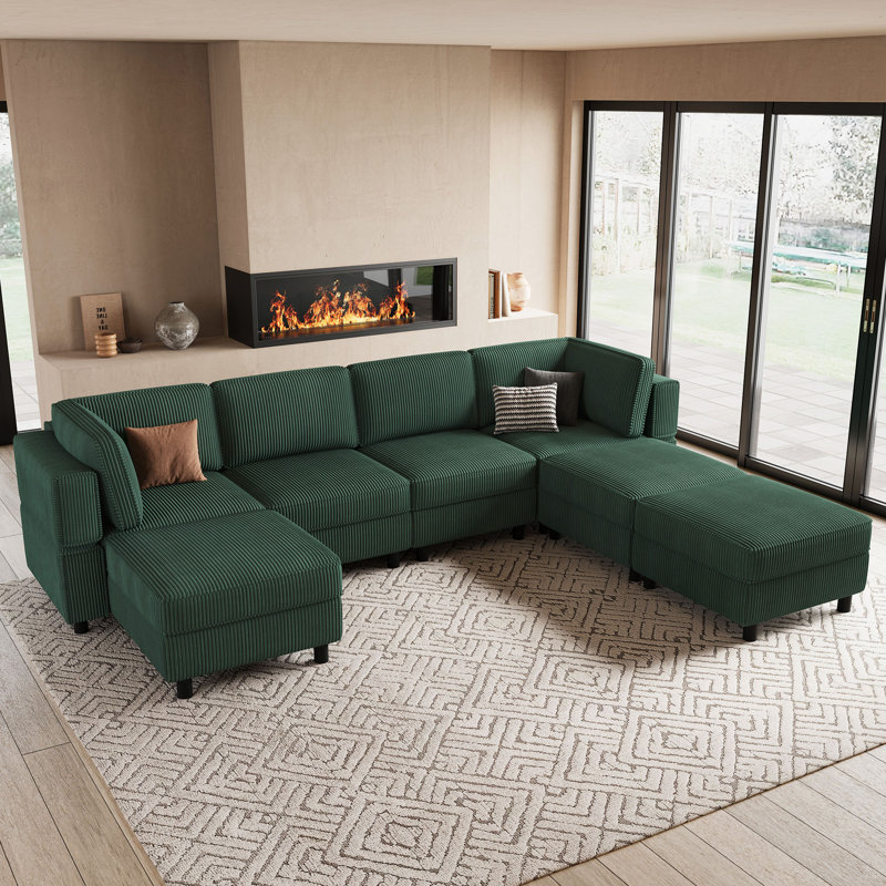 U Shaped Modular Sectional Sectional Sofa With Chaise & Ottoman, Green Corduroy
