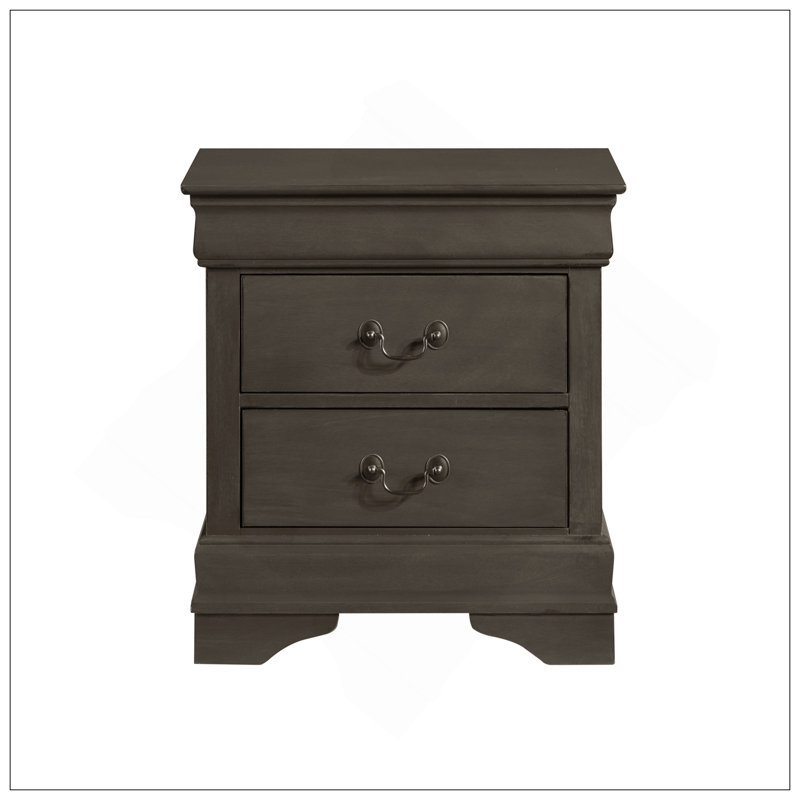Table de chevet classique à finition grise avec 2 tiroirs de style Louis Philippe, mobilier de chambre traditionnel et élégant