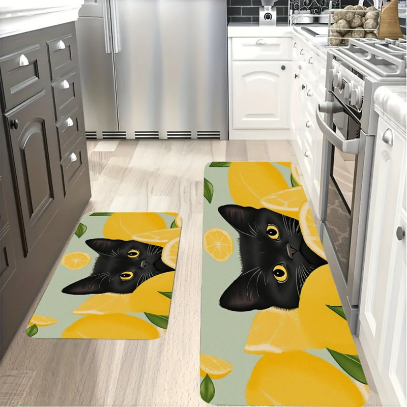 Tapis de cuisine noir à motif de citronniers à motif citron noir, paquet de 2 jaune-vert