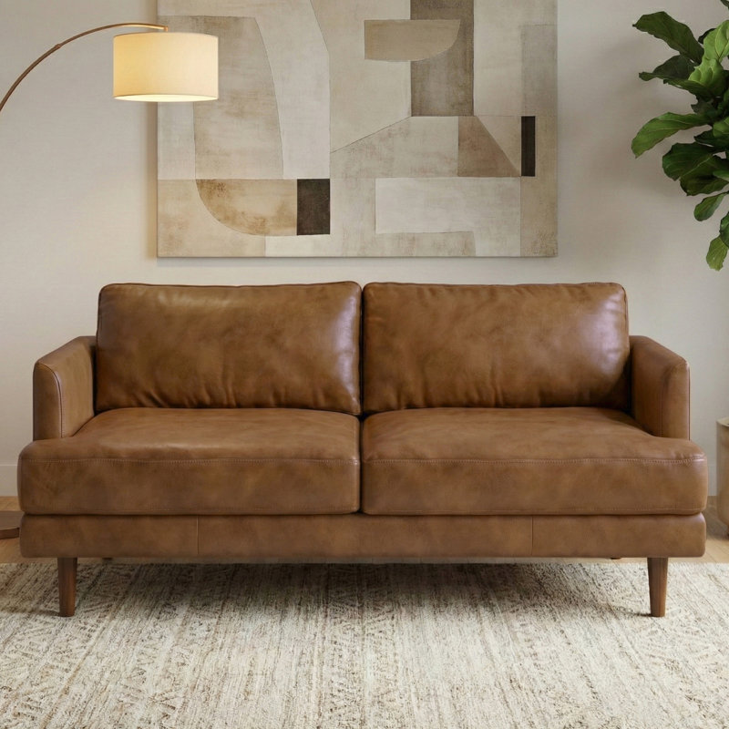 Canapé Mid-Century moderne en cuir véritable Livingston, L 76 po, Brun caramel