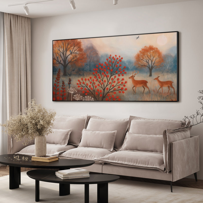 Très grande reproduction d'art sur toile - Scène de forêt d'automne avec décor de cerf et de baies rouges pour le salon ou la chambre à coucher - «Assemblage requis du cadre (cadre non fini)»