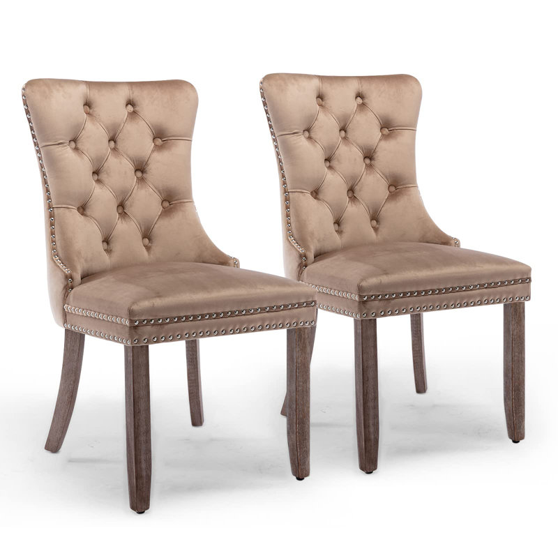 Friedrun Velvet Dining Chair Tufted Dining Room Chair with Solid Wood Leg, Khaki
