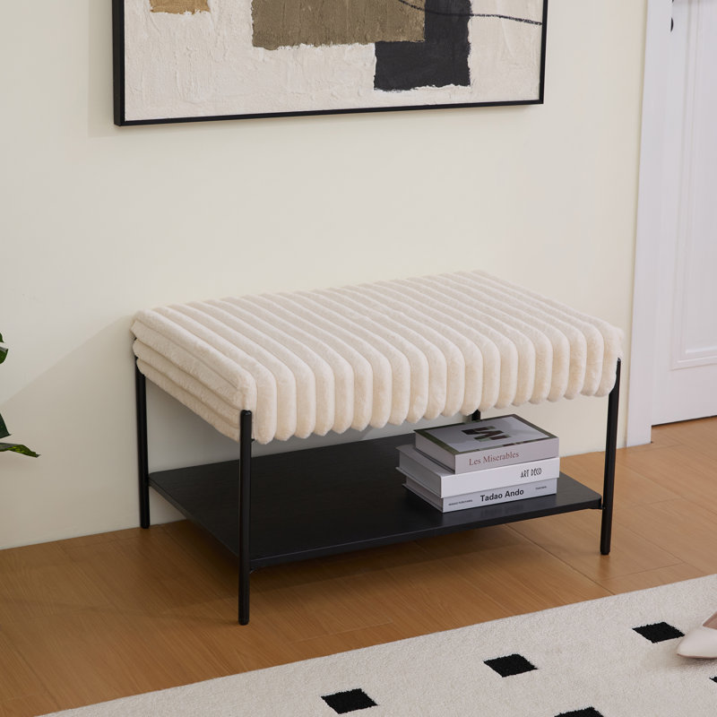 Upholstered Ottoman With Storage Shelf, Beige