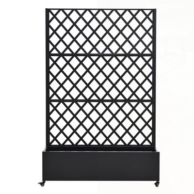 Metal Raised Garden Bed With Wheels And Trellis, Planter Box For Climbing Plants, Vegetables & Vines, Features Privacy Screen And Drainage Holes
