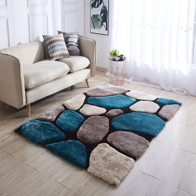Tapis à poil long bleu / beige Banas, Rectangle 5 pi x 7 pi