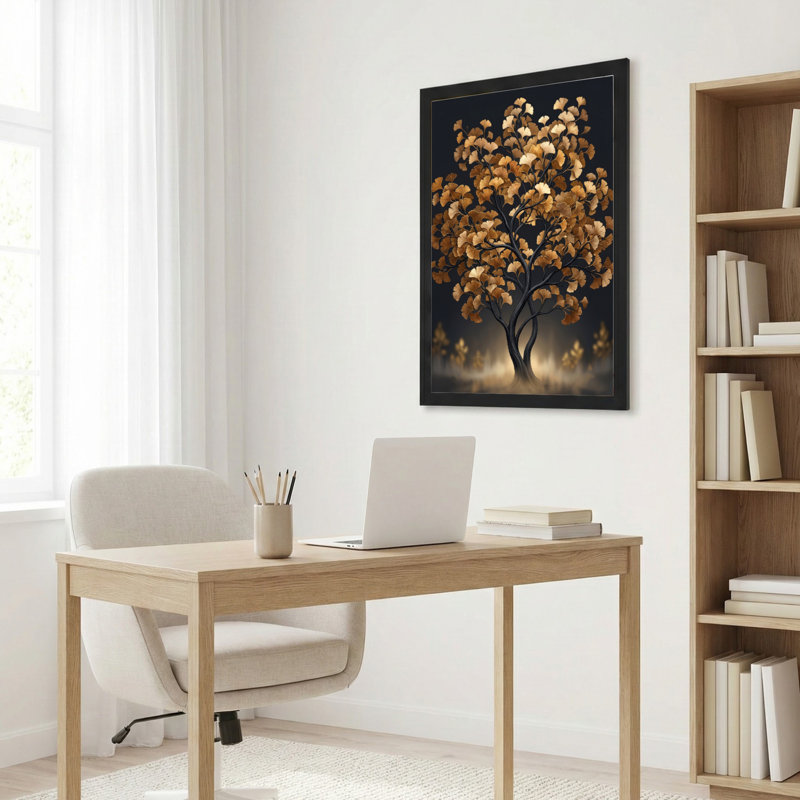 Art mural sur toile noir encadré pour le salon, la chambre à coucher, le bureau ou le vestibule - décoration murale décorative avec arbre doré