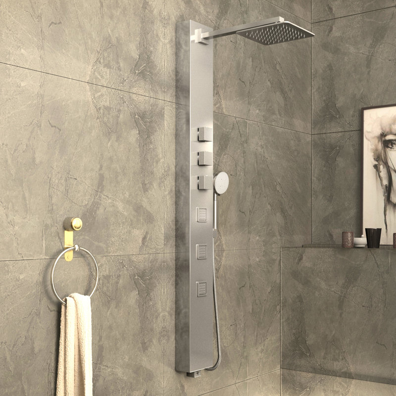 Polished Chrome Stainless Steel 59" Shower Panel with Jets and Handheld Wand