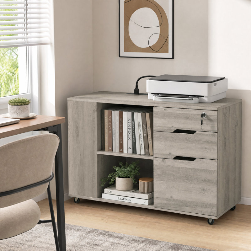 Classeur à roulettes verrouillables avec prises électriques, gris pâle/brun, Gris @@ brun