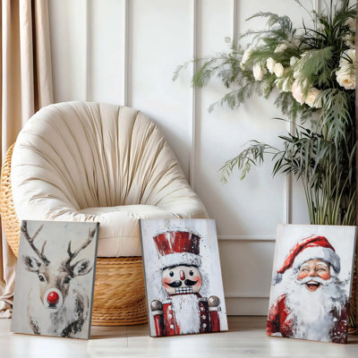 3PCS Wall Arts Posters Framed, Christmas Decorative Canvas Wall Art Set of 3 - Festive Reindeer, Nutcracker and Santa Claus Paintings for Home Holiday Decoration, Xmas Themed Modern Artwork for Living Room Bedroom Office Decor
