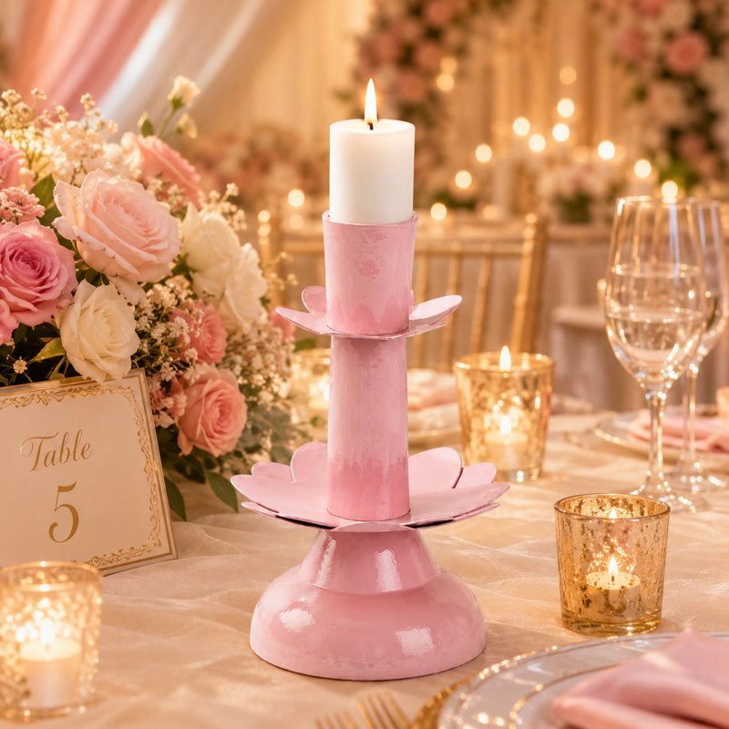 Lotus Bloom Tabletop Handmade Pink Candleholder, Pink