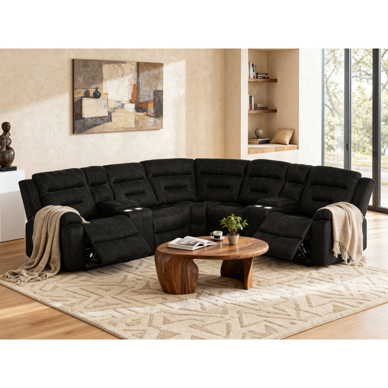 Canapé modulaire inclinable électrique 7 pièces, 2 fauteuils inclinables avec rangement et porte-gobelet, Suède noir