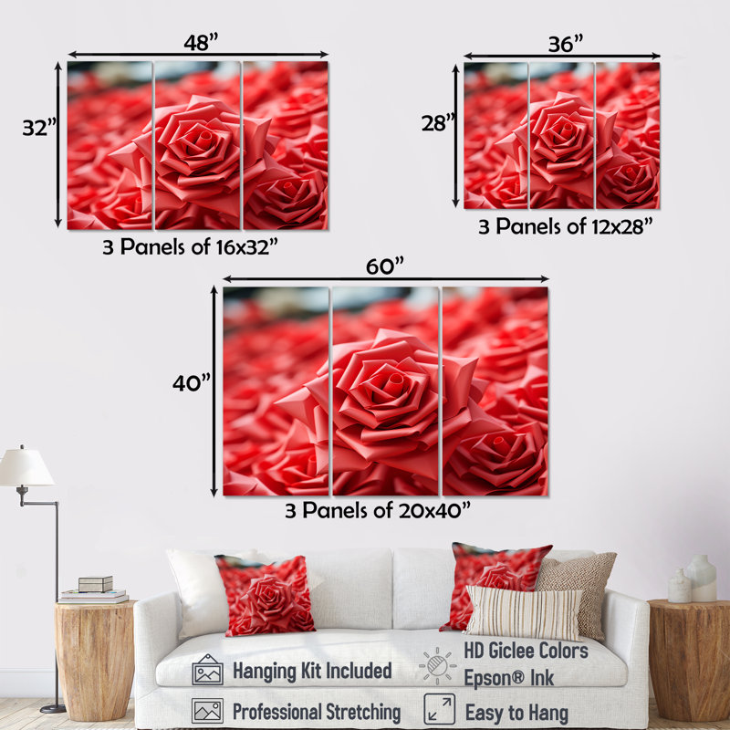 Red Floral Rhythmic Radiance - art mural géométrique, H 28 po x l 36 po x P 1 po, Toile tendue