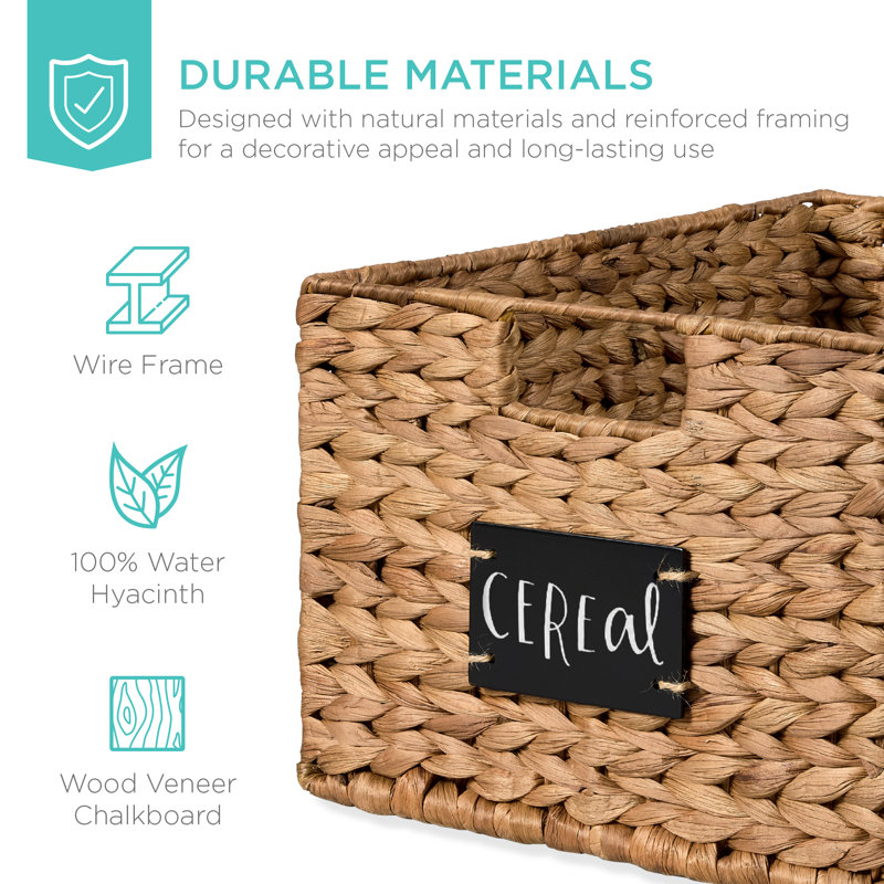  Set Of 2 16In Woven Water Hyacinth Pantry Baskets W/ Chalkboard Label, Chalk Marker - Chestnut