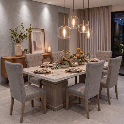 7-Piece Dining Table Set with Faux Marble Top & Upholstered Side Chairs