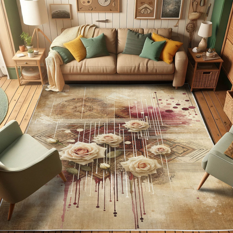 Camel and Raspberry Floral Synthetic Area Rug 2' 5" x 5'