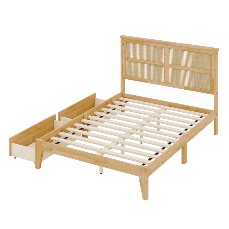 Lit plateforme avec tête de lit en rotin, tiroirs de rangement et base de soutien robuste, Chêne blanc