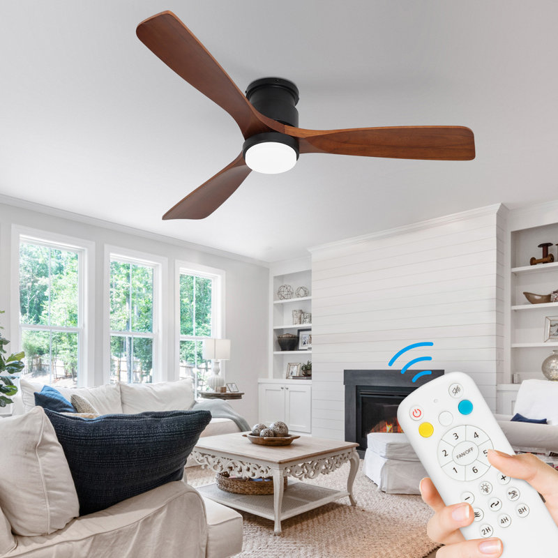 Ventilateur de plafond encastré de 52 pouces avec télécommande, ventilateur de plafond à profil bas sans lumière, ventilateur de plafond intérieur extérieur avec moteur CC réversible silencieux, 6 vitesses, 3 pales, pales en bois naturel