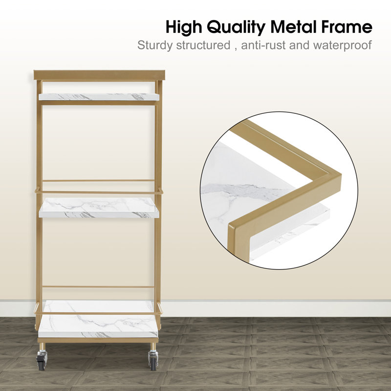 White and Gold Metal Frame 3-Tier Rolling Utility Cart