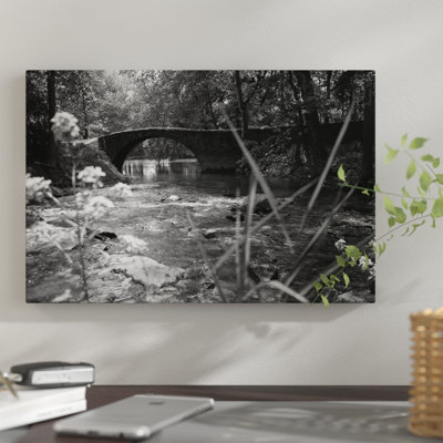 «1970s Stream with Stone Bridge in Wooded Area», reproduction de photo sur toile tendue