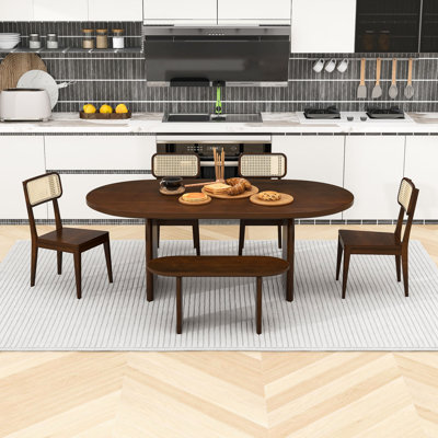 Ensemble de table de salle à manger 6 pièces avec chaises à dossier en rotin et banc - Table ovale en bois massif, 6 places